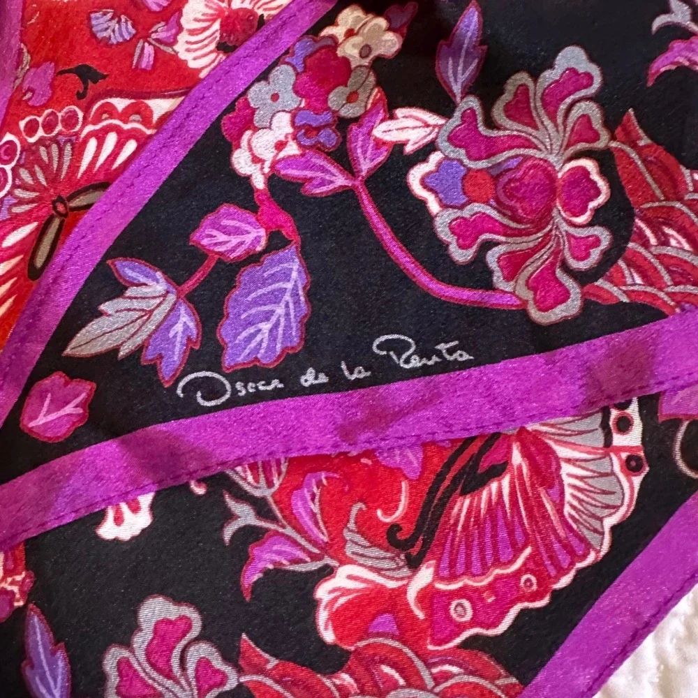 Oscar de la Renta Vintage Silk Skinny Scarf Floral Geometric Magenta Black Japan